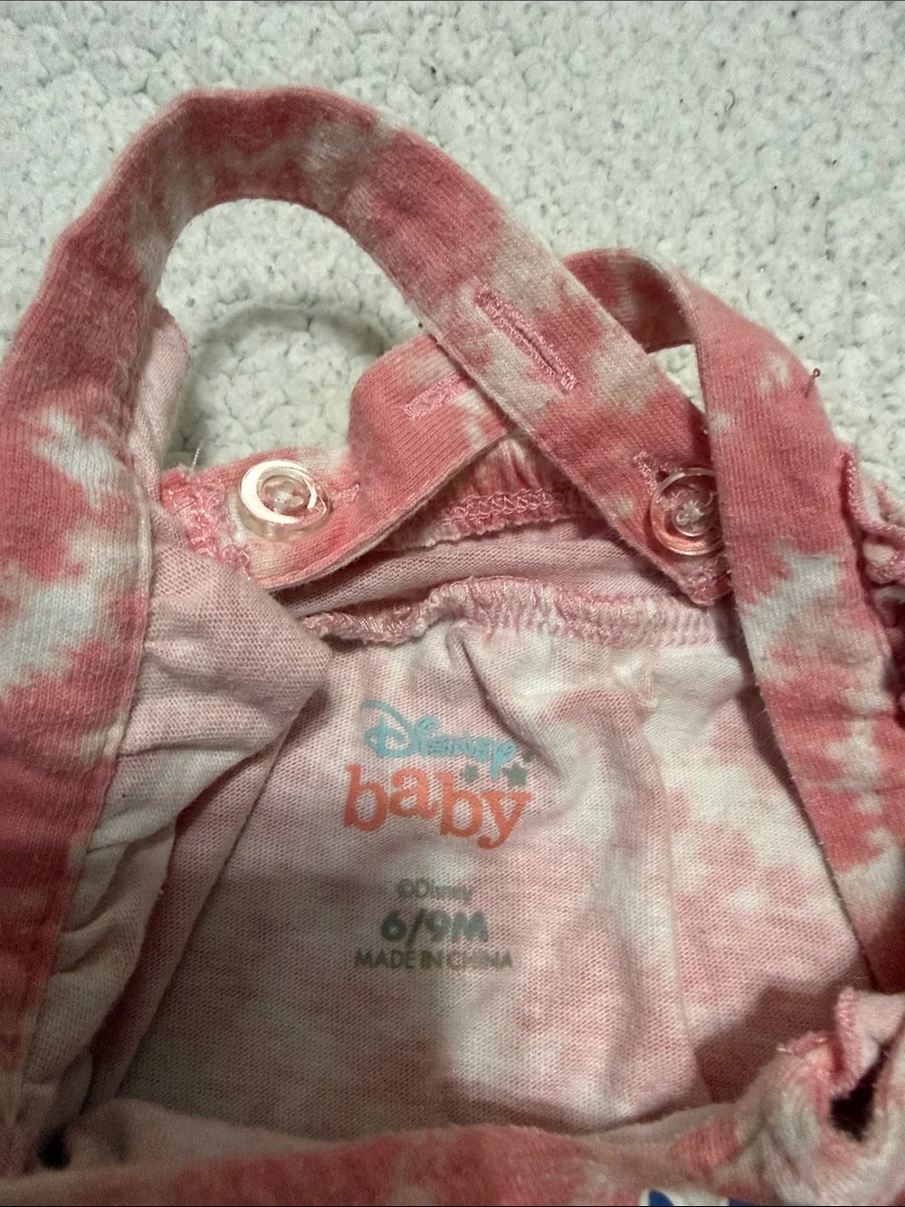 Disney Baby Pink and White Tie-Dye Infant Romper. 6-9 months